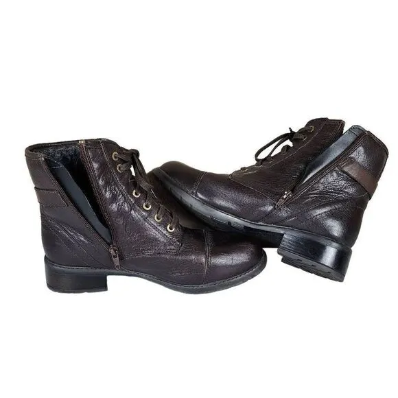 Clarks- Women's Swansea Ledge Dark brown Leather Moto Combat Boots, Size 9