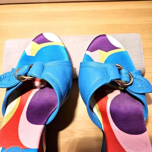 Coach Aqua Corryanna Nappa Sateen &amp; Leather Slip On 4 Inch Wedge Sandals