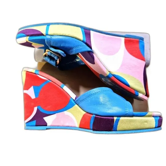 Coach Aqua Corryanna Nappa Sateen &amp; Leather Slip On 4 Inch Wedge Sandals