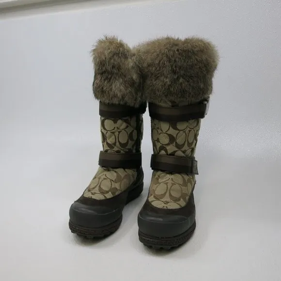 Coach Signature Mariette Fur Trim Canvas Boots Size 5.5 M