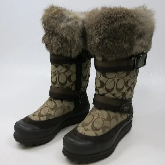 Coach Signature Mariette Fur Trim Canvas Boots Size 5.5 M