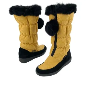 Coach Theona Gold Rabbit Fur Trim Winter Boots Womens 7B Logo Print Poof Zipper