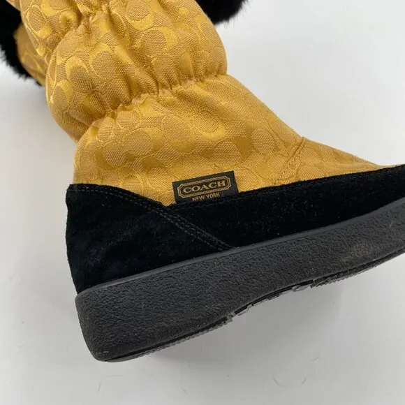 Coach Theona Gold Rabbit Fur Trim Winter Boots Womens 7B Logo Print Poof Zipper