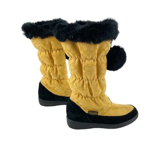 Coach Theona Gold Rabbit Fur Trim Winter Boots Womens 7B Logo Print Poof Zipper