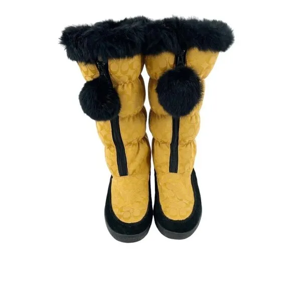 Coach Theona Gold Rabbit Fur Trim Winter Boots Womens 7B Logo Print Poof Zipper