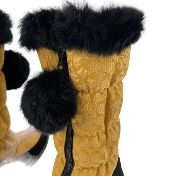 Coach Theona Gold Rabbit Fur Trim Winter Boots Womens 7B Logo Print Poof Zipper