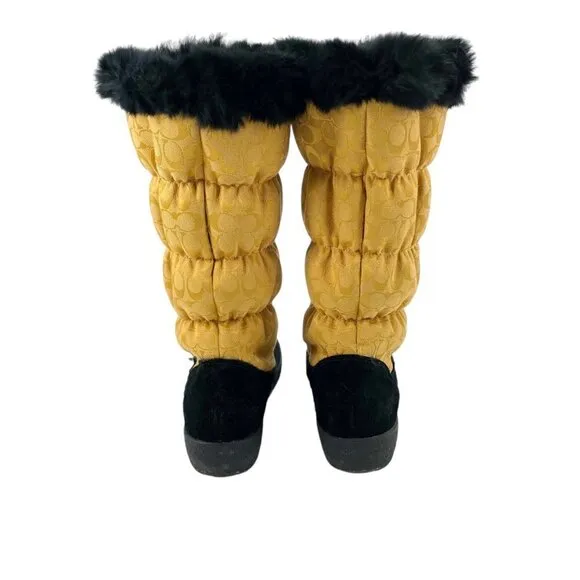 Coach Theona Gold Rabbit Fur Trim Winter Boots Womens 7B Logo Print Poof Zipper
