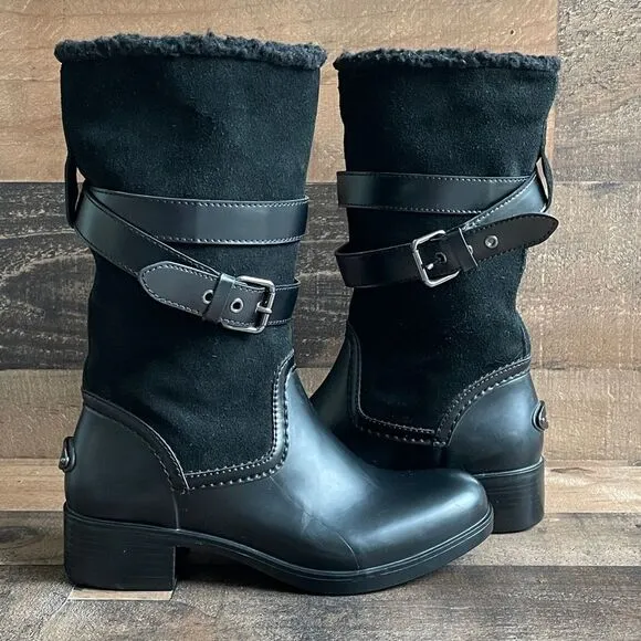 Coach Women’s Black Buckle Zena Cold Weather Shearling Suede Rubber Boots Size 6