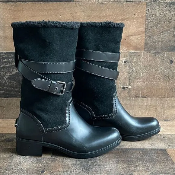 Coach Women’s Black Buckle Zena Cold Weather Shearling Suede Rubber Boots Size 6