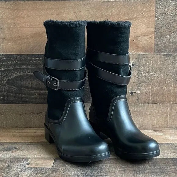 Coach Women’s Black Buckle Zena Cold Weather Shearling Suede Rubber Boots Size 6