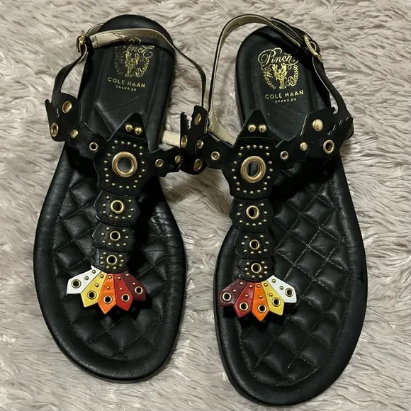 COLE HAAN black lobster sandals with gold studs