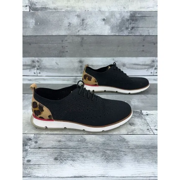 Cole Haan ZERØGRAND Black Knit‎ Sneakers with Leopard Print Sneakers Sz 8.5