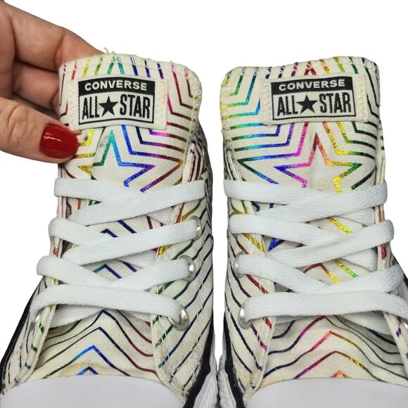 Converse All Star Shoes Womens 6 White Rainbow Star Metallic Shiny Foil Low Tops