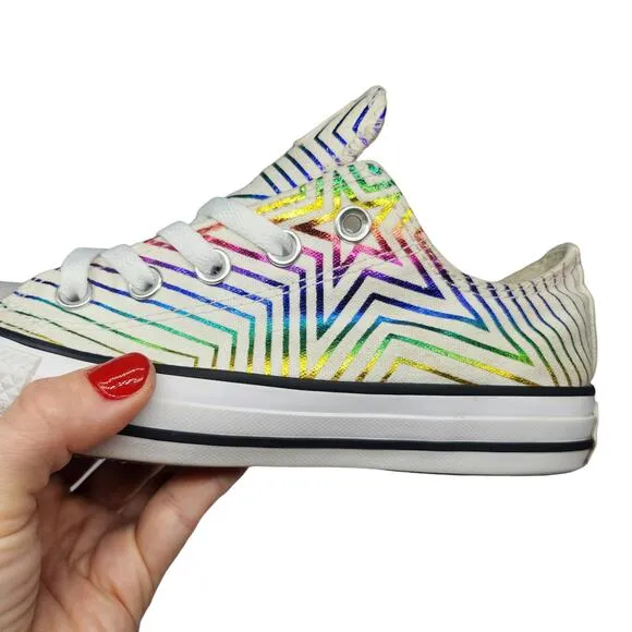 Converse All Star Shoes Womens 6 White Rainbow Star Metallic Shiny Foil Low Tops