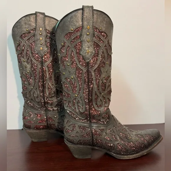 Corral Black Plum Glitter Inlay and Studs Snip Toe