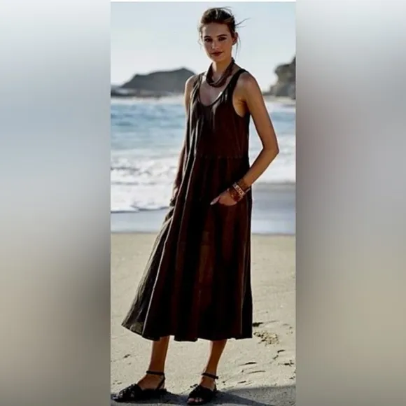 CP Shades Shari 100% Linen Black Tiered Midi Dress, size S