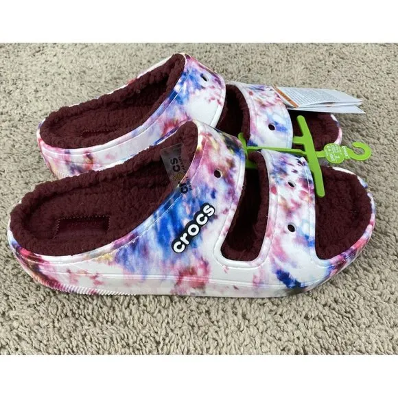 Crocs Classic Cozy Sandals Tie Dye Garnet Slip On‎ Warm Fuzzy Unisex M10 W12 NWT