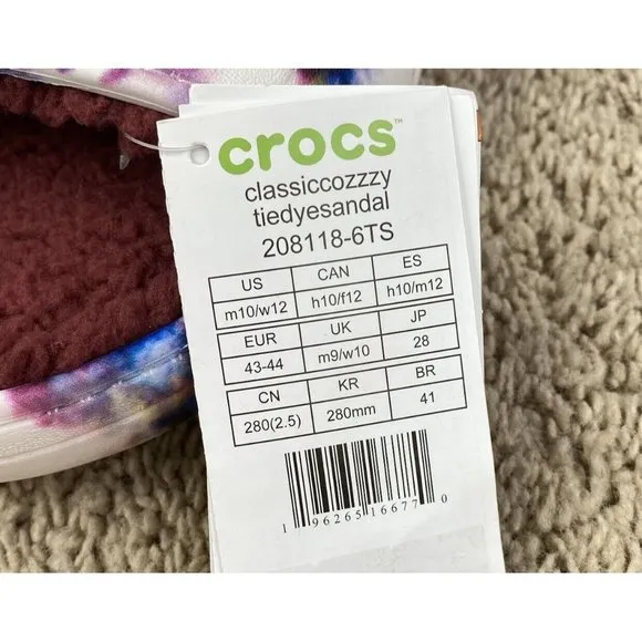 Crocs Classic Cozy Sandals Tie Dye Garnet Slip On‎ Warm Fuzzy Unisex M10 W12 NWT