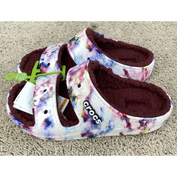 Crocs Classic Cozy Sandals Tie Dye Garnet Slip On‎ Warm Fuzzy Unisex M10 W12 NWT