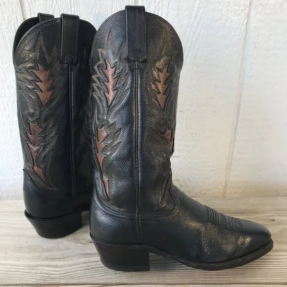 Dan Post Mens Black Leather Brown Inlay Cowboy Western Dress Boots 8.5 D 106R