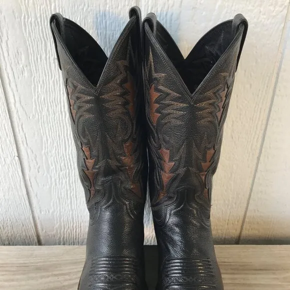 Dan Post Mens Black Leather Brown Inlay Cowboy Western Dress Boots 8.5 D 106R