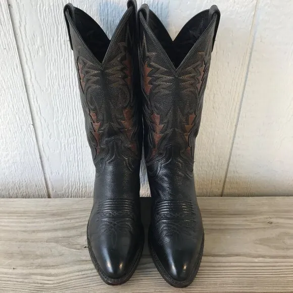 Dan Post Mens Black Leather Brown Inlay Cowboy Western Dress Boots 8.5 D 106R