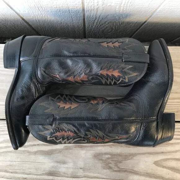 Dan Post Mens Black Leather Brown Inlay Cowboy Western Dress Boots 8.5 D 106R