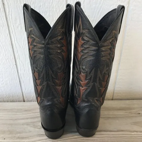 Dan Post Mens Black Leather Brown Inlay Cowboy Western Dress Boots 8.5 D 106R
