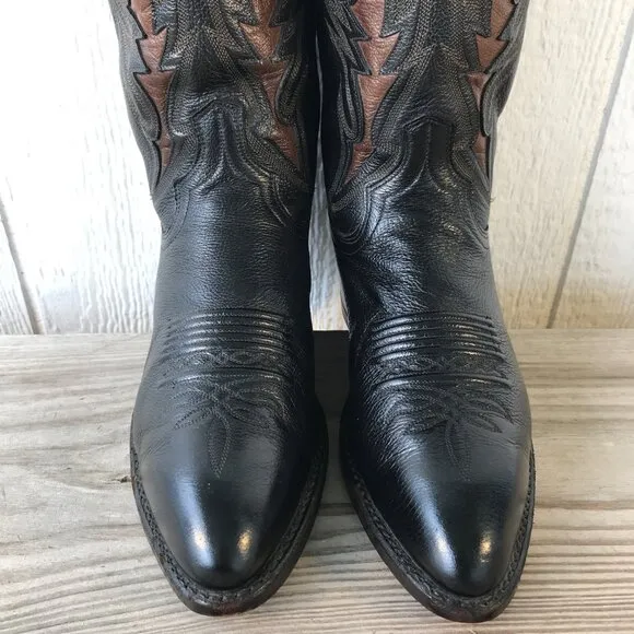 Dan Post Mens Black Leather Brown Inlay Cowboy Western Dress Boots 8.5 D 106R