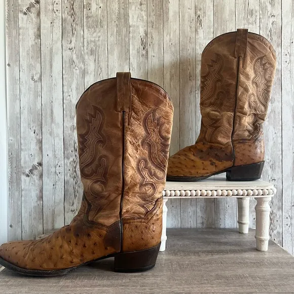 Dan Post Mens Tempe Ostrich Embroidered Round Toe Pull On Dress Boots - Brown