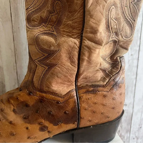 Dan Post Mens Tempe Ostrich Embroidered Round Toe Pull On Dress Boots - Brown
