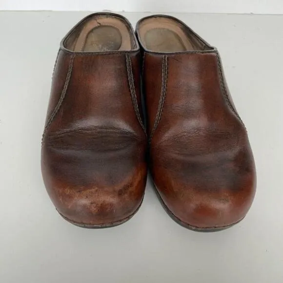 Dansko Leather Slip On Closed-Toe Block Heel Casual Mules Sandals Brown 37