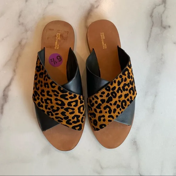 DIANE VON FURSTENBERG Baile Leopard Print Suede Cross Slide On Sandals