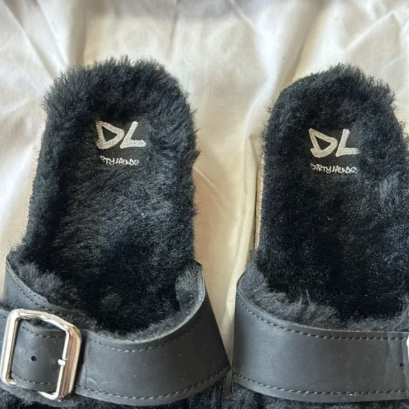 Dirty Laundry Black Fuzzy Slip-on Time Out Wedge Sandals-Size 39  NWOB