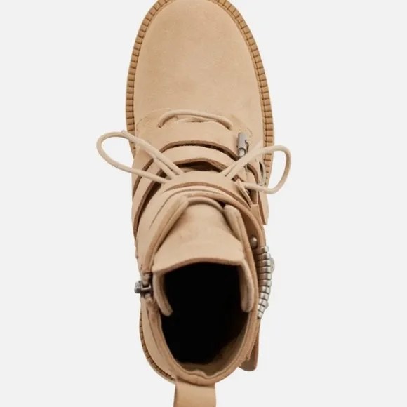 DKNY ITA SUEDE STRIPY BOOTS ROUND TOE WOMEN PLATFORM PADDED BEIGE COLOR SZ 6.5
