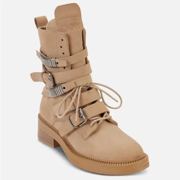 DKNY ITA SUEDE STRIPY BOOTS ROUND TOE WOMEN PLATFORM PADDED BEIGE COLOR SZ 6.5