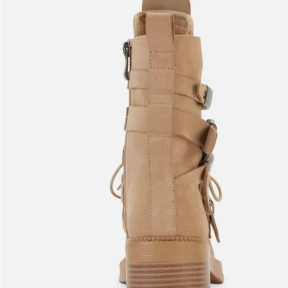 DKNY ITA SUEDE STRIPY BOOTS ROUND TOE WOMEN PLATFORM PADDED BEIGE COLOR SZ 6.5