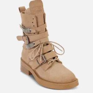 DKNY ITA SUEDE STRIPY BOOTS ROUND TOE WOMEN PLATFORM PADDED BEIGE COLOR SZ 6.5