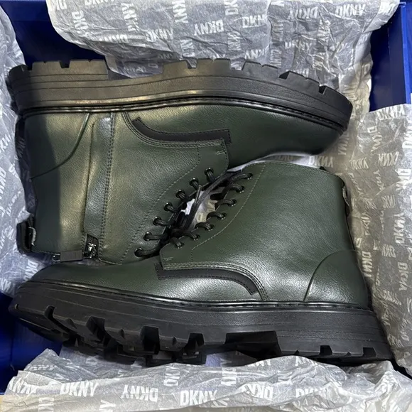 DKNY Men’s Suffix Green Lace-Up Side Zip Combat Boot- Size 11M