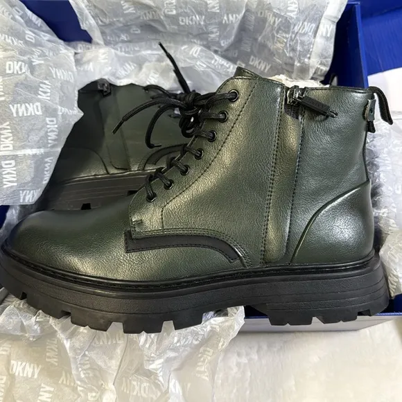 DKNY Men’s Suffix Green Lace-Up Side Zip Combat Boot- Size 11M