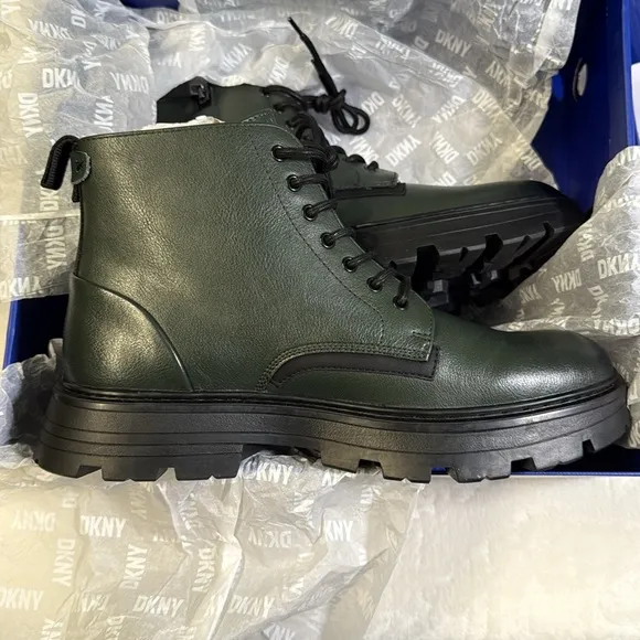 DKNY Men’s Suffix Green Lace-Up Side Zip Combat Boot- Size 11M