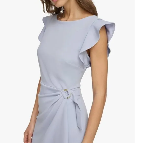 DKNY Women's Flutter Sleeve Faux Wrap with Hardware, Size 2