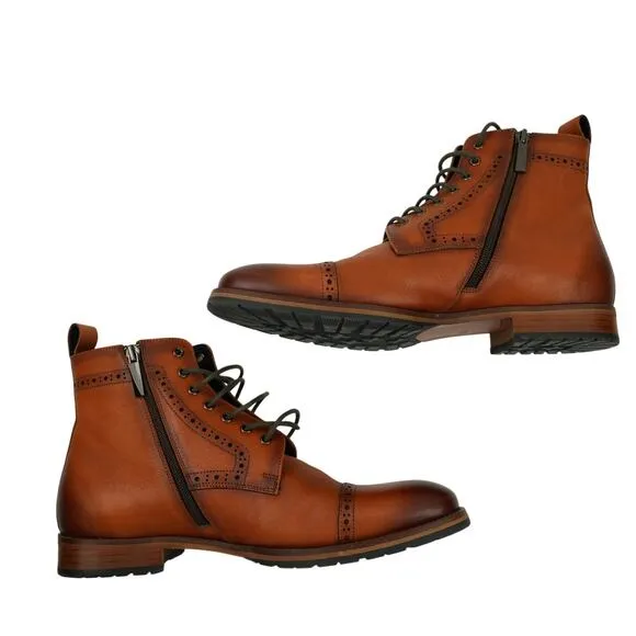 Dockorio Boots Mens 8.5 Brown Leather Brogue Zip Ankle Dress Cap Toe EUC