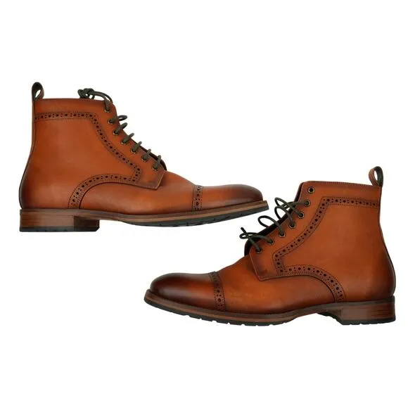 Dockorio Boots Mens 8.5 Brown Leather Brogue Zip Ankle Dress Cap Toe EUC