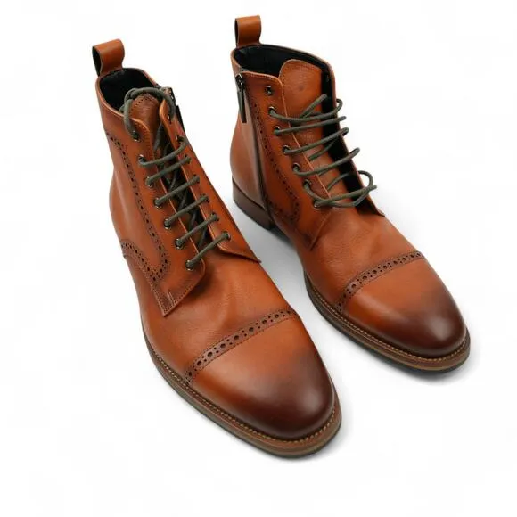 Dockorio Boots Mens 8.5 Brown Leather Brogue Zip Ankle Dress Cap Toe EUC