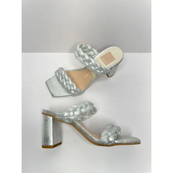 Dolce Vita Sandals Womens Size 6 Paily Silver Slip On Braided Square Toe Heels