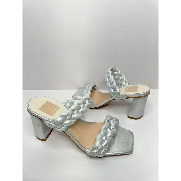 Dolce Vita Sandals Womens Size 6 Paily Silver Slip On Braided Square Toe Heels