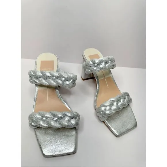 Dolce Vita Sandals Womens Size 6 Paily Silver Slip On Braided Square Toe Heels