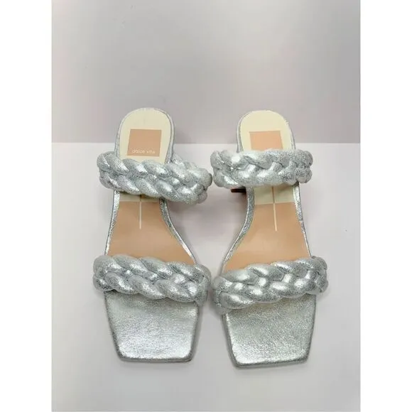 Dolce Vita Sandals Womens Size 6 Paily Silver Slip On Braided Square Toe Heels