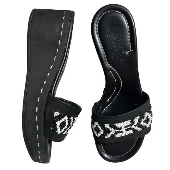 Donald J. Pliner beaded slip on black leather wedge slide sandals size 5.5